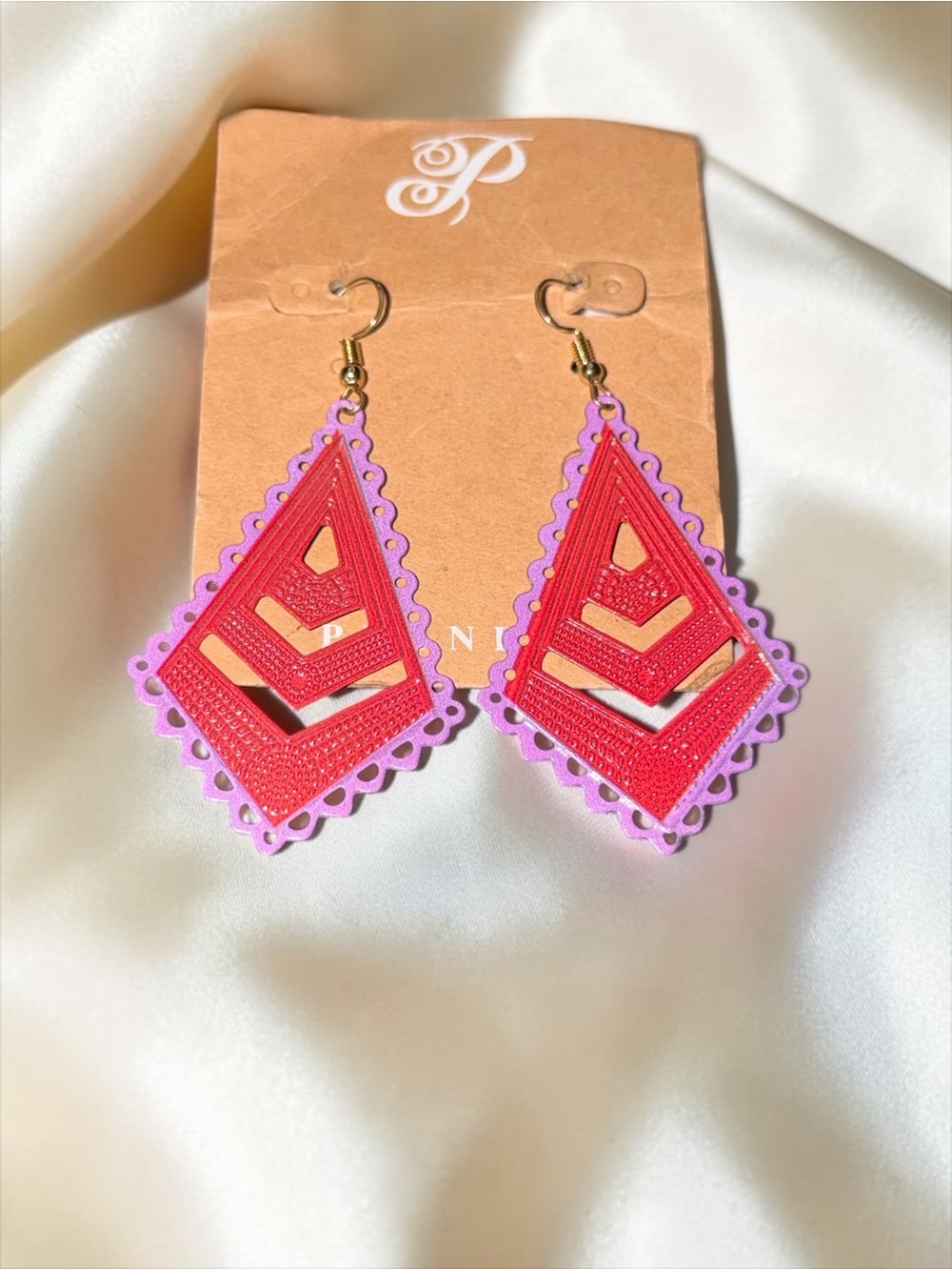 Red & Purple Layered Geometric Statement Dangle Earrings - Picture 4 of 4